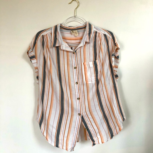 2/$25 Japana Button Down Striped Peach Grey Large - Picture 1 of 5